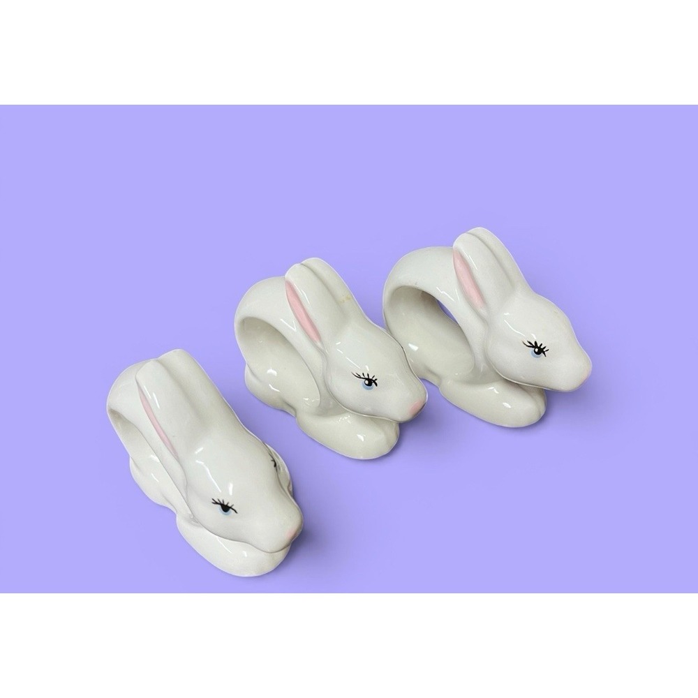 Vintage White Pink Ceramic Rabbit Bunny Napkin Holders Easter Spring Set Of 3‎